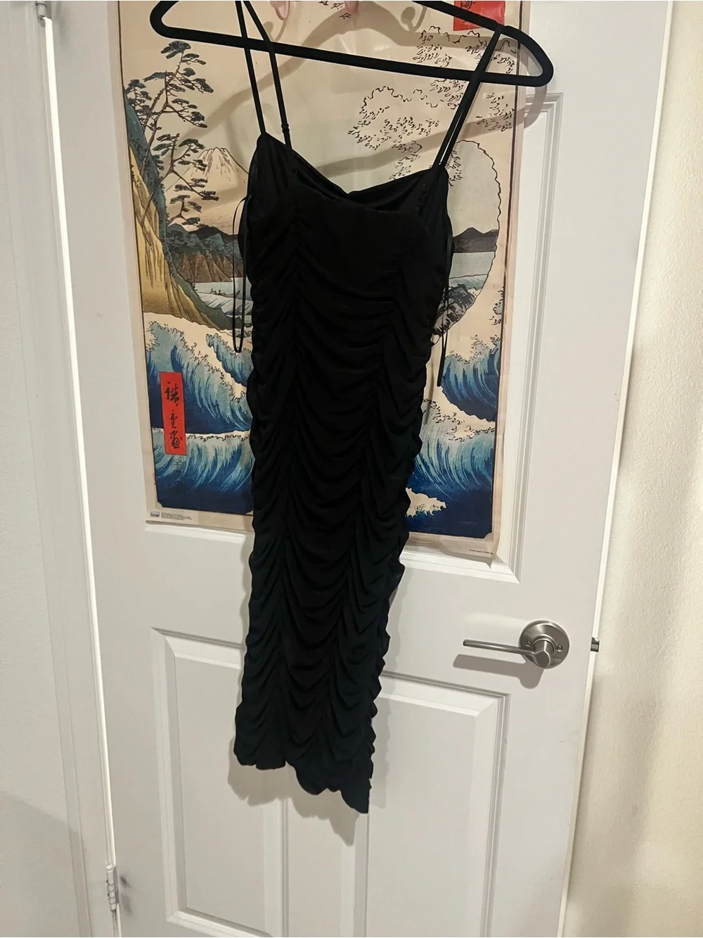 AFRM Black Ruched Midi Dress with Spaghetti Straps